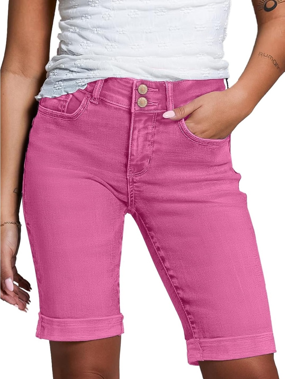 High-Rise Pink Bermuda Jean Shorts for Women